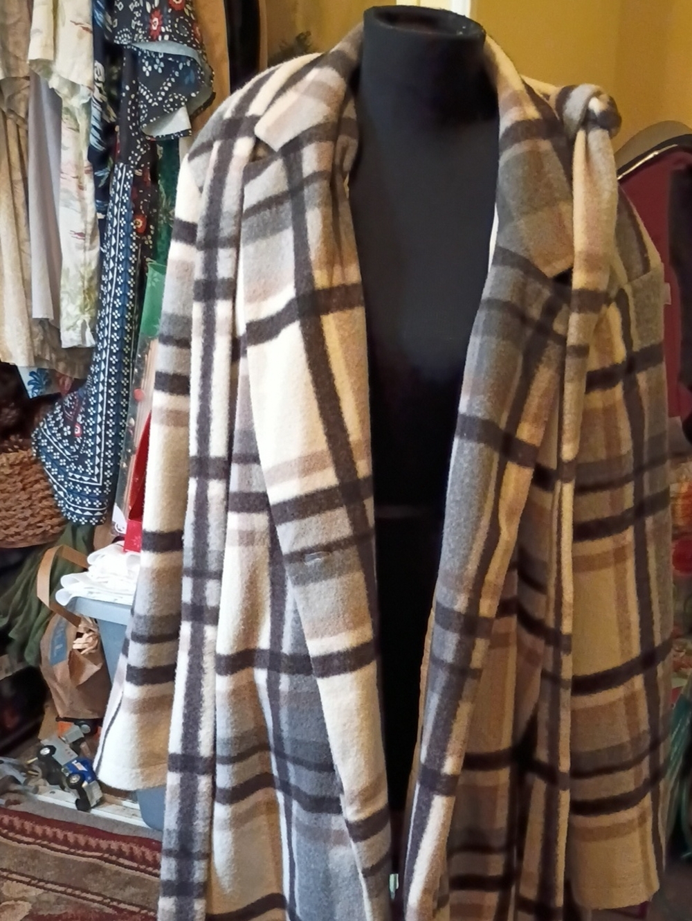 Maurices Cream and Brown Plaid Coatigan